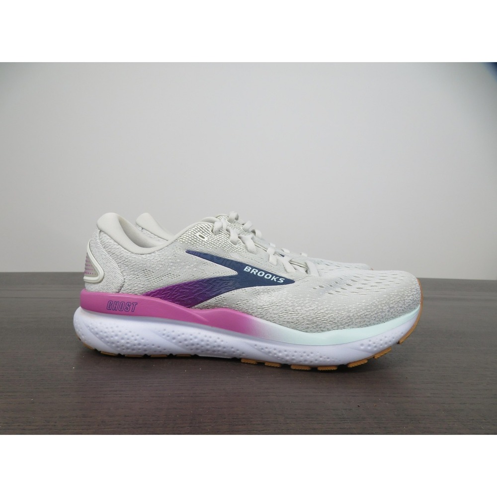 Brooks Ghost Athletic Shoe in Light Gray, Purple & Pink Accent